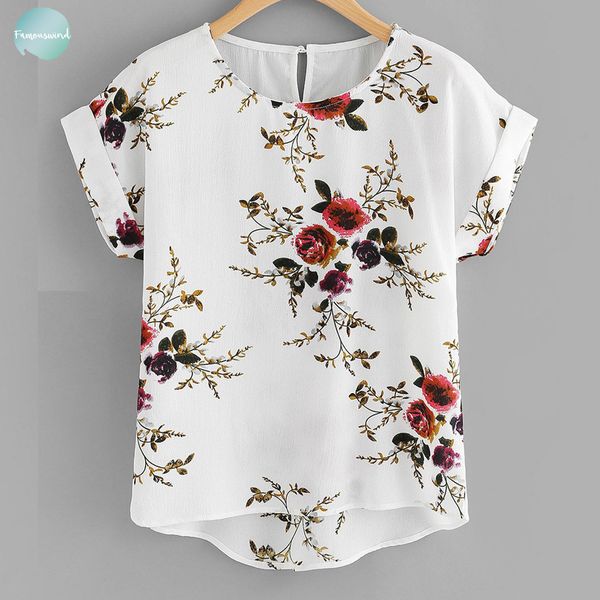 

мода цветочный печати блуза пуловер с коротким рукавом дамы o шеи tee tops женский женщин с коротким рукавом рубашки одежда femininas blusas, White