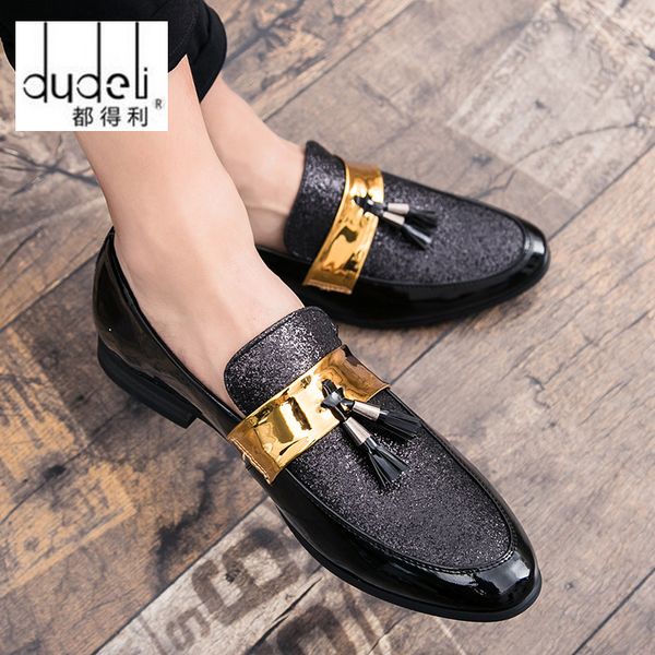 

men flat black golden formal patchwork tassel leather shoe handmade wedding party men loafers moccasins dress shoes