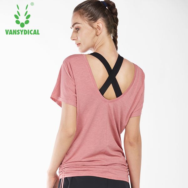 

women loose yoga shirts backless fitness o-neck running jogger tees breathable workout gym clothes, White;red