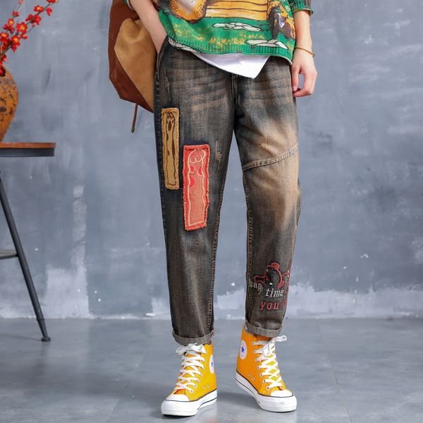 

women jeans patchwork cartoon bleached denim pants bottoms big loose long retro vintage fashion casual for autumn bo23232719, Blue