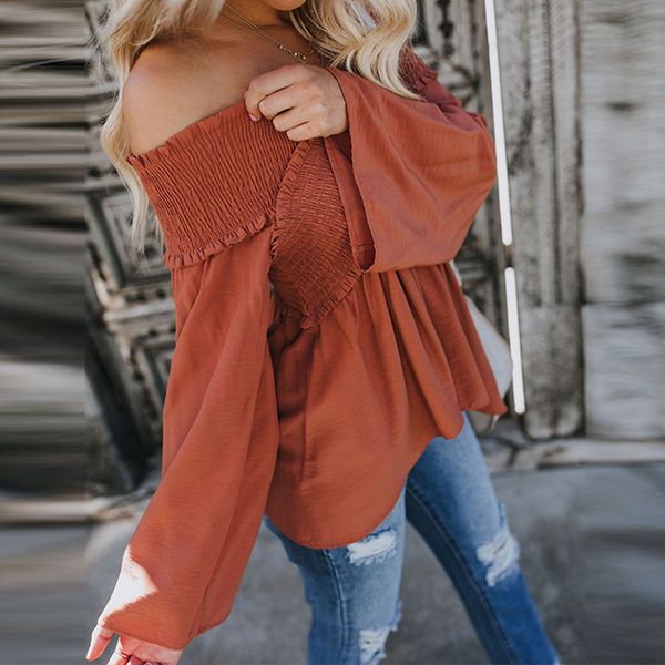 

womens and blouses long flare sleeve slash neck loose ruched blouse 2109 summer casual women slim chiffon blouses, White