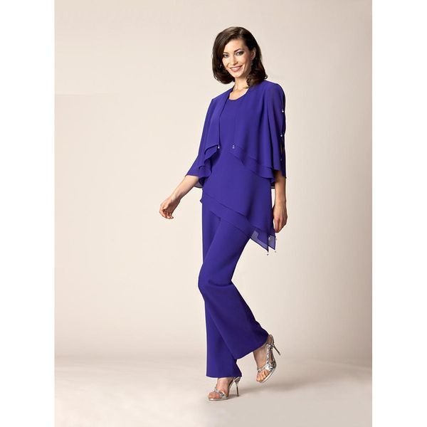 

Purple Mother Of The Bride Pant Suits Summer Formal dresses Scoop Neck flutter Sleeves Wedding Guest Wear