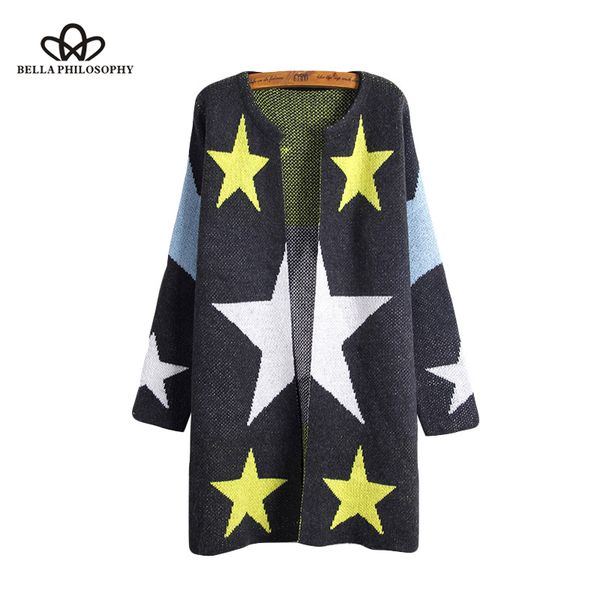

bella philosophy casaco feminino 2020 early spring star patchwork long cardigan casual loose retro sweater women sweater jumper, White
