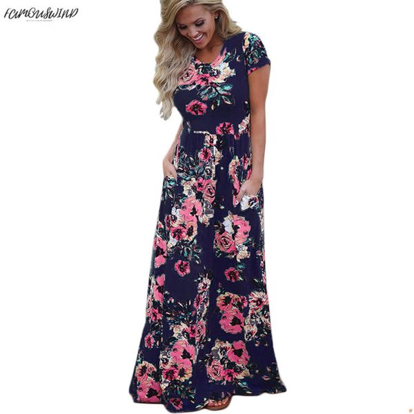 

evening women maxi dress 2019 summer floral print boho beach dress short sleeve short sleeve long party dress tunic vestidos plus size xxxl, Black;gray