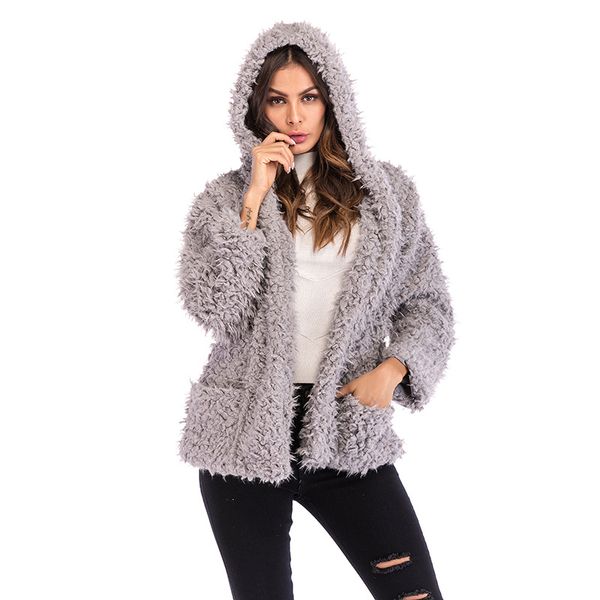

furry coat hooded jacket female new fashion long-sleeved loose thick warm coat autumn and winter teddy turn-down collar, Black;brown