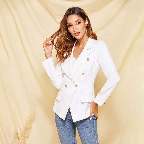 

women long sleeve coat women elegant doule breasted jacket suits office fashion simple coat, White;black