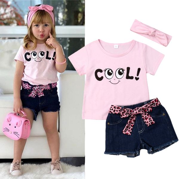 

summer girl kids clothes set printed cartoon pink letters denim shorts+bow headband 3 pieces sets kids designer clothes girls jy583, White