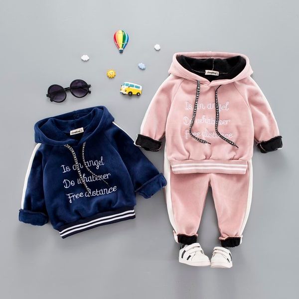 

casual baby girl boy warm clothing set for toddler kids suit letter hooded velvet autumn spring children outfit 1 2 3 4 5 years y190518, White