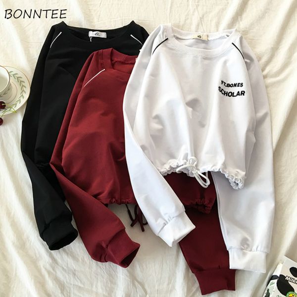 

hoodies women new chic letter embroidery spring high waist harajuku girls oversized pullovers drawstring all-match casual, Black