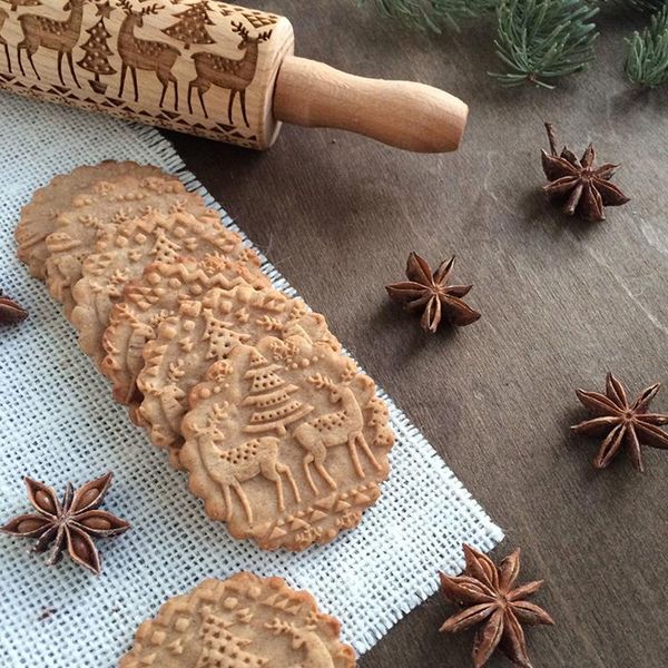 

new leaf christmas deer wooden rolling pin embossing baking cookies noodle biscuit fondant cake dough patterned roller snowflake