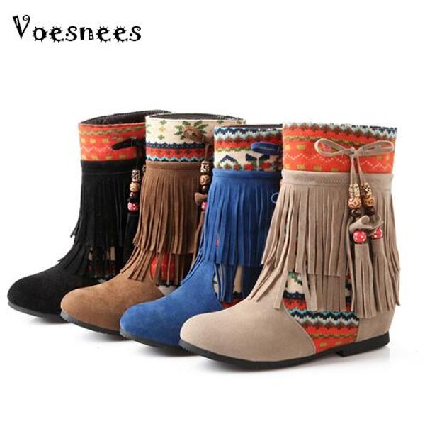 

new women shoes winter mid-calf boots family wind short tube height increasing big size with scrub fringed boots female, Black