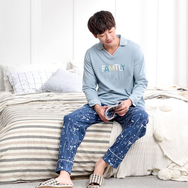 

men korean large size men youth pajamas 2019 spring and autumn cotton lapel long sleeve pants new pajama sets pajama set, Black;brown