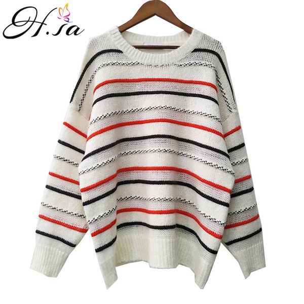 

h.sa women striped pull sweaters oneck long sleeve oversized knitted jumpers chic sweet knitwear pullovers striped pull femme, White;black