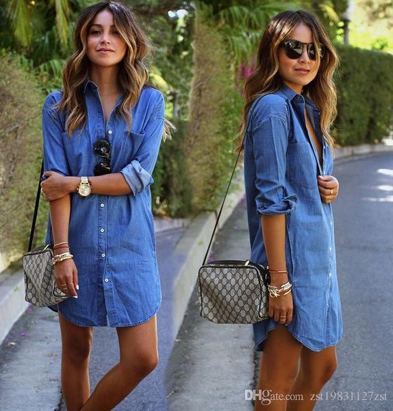 

s- 6xl autumn new fashion women denim dress casual loose long sleeved t shirt dresses plus size ing, White