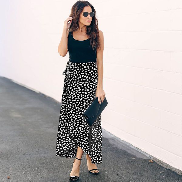 

fashion polka dot bohemian maxi skirt for women high waist a-line summer beach skirts ankle-length skirt, Black
