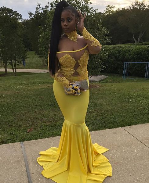 

2019 yellow appliqued lace mermaid prom evening dress beaded off shoulder party gown african black girl high neck pageant dresses