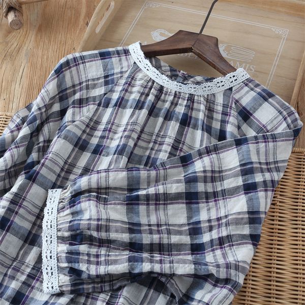 

hollow-out short stand collar lantern sleeve large plaid cool women's cotton half-sleeve shirt blouse top, White