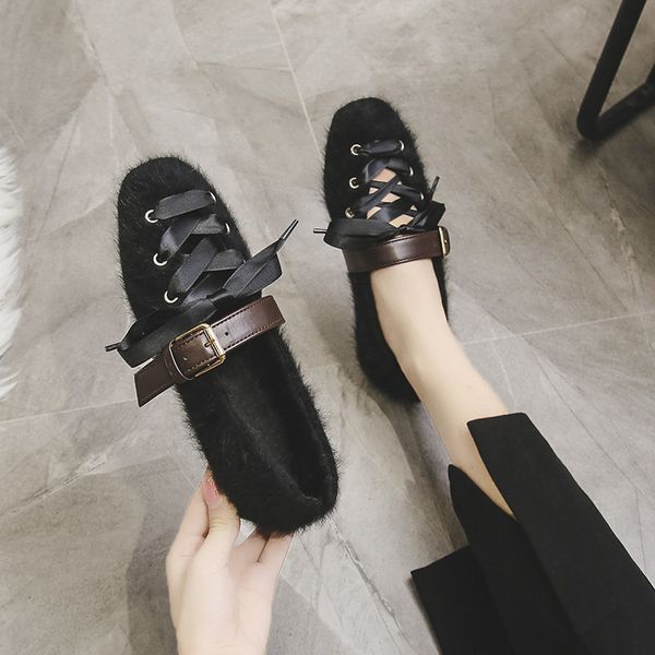 

shallow mouth 2019 women shoes autumn loafers fur casual female sneakers women's moccasins square toe modis slip-on dress fall, Black