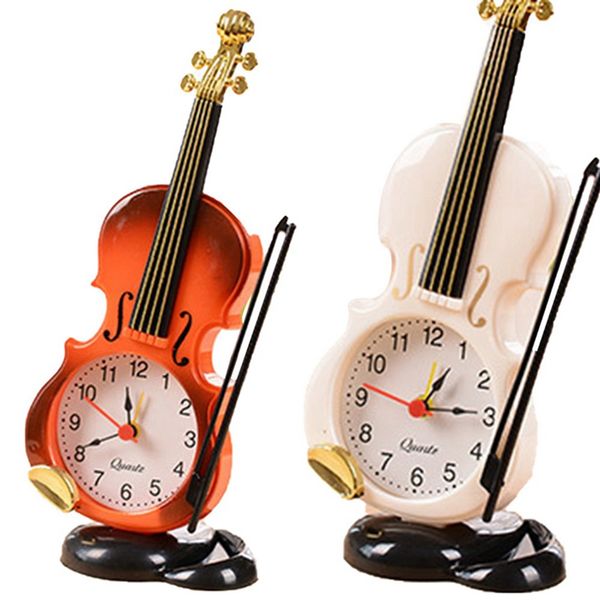 

new creative instrument table clock student violin shaped fiddle quartz alarm clock desk plastic craft drop shipping