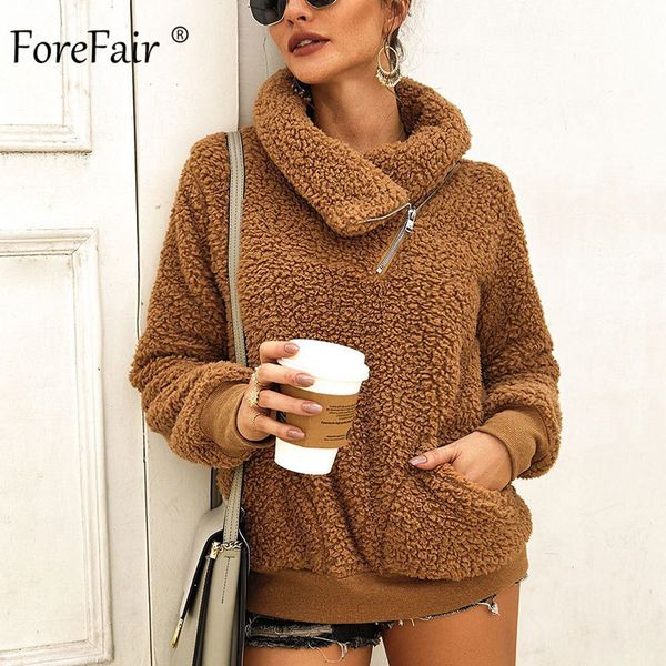 

forefair zip негабаритного искусственного мех толстовка зима женщина пуловеры 2019 убавьте шеи длинного рукава теплых повседневное руно толс, Black