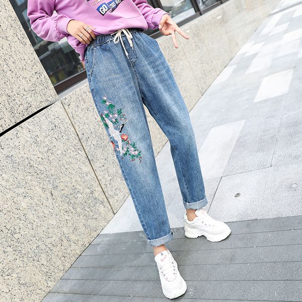 

bird embroidery jeans for women plus size high waisted denim boyfriend jeans woman elastic waist denim pants loose harem, Blue