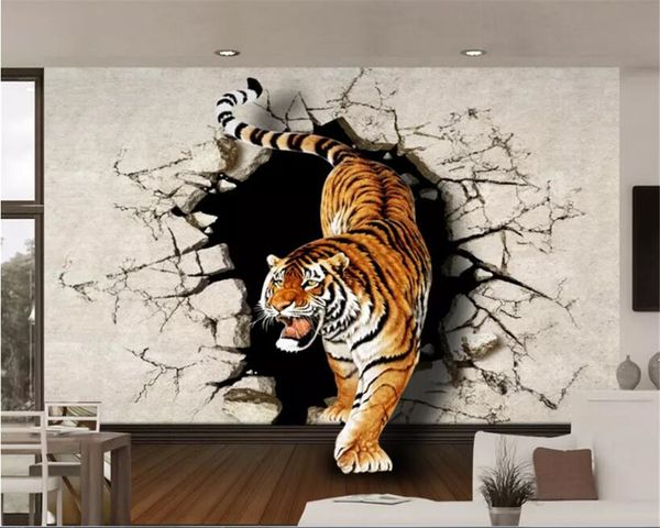 Beibehang Tiger gehen den Berg hinunter und brechen die Wand, um Wandtapeten, Heimdekoration, TV-Hintergrund, 3D-Wandbilder zu behangen