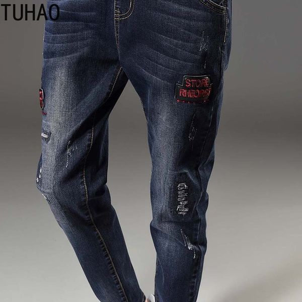 

tuhao 2019 autumn winter loose large size jeans 7xl 6xl 5xl 3xl pants female letter embroidered high-waist elastic pants lz13, Blue