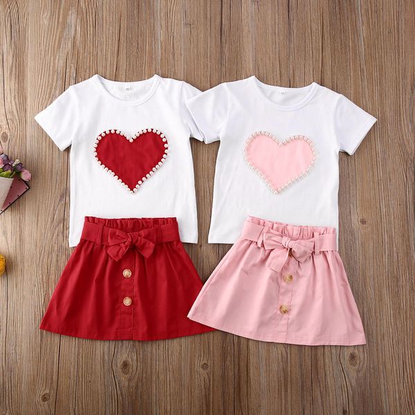 

1-5y summer cute infant baby girls clothes sets pearl love print t shirts +bowknot a-line skirts valentine's outfits, White