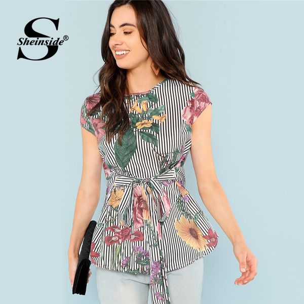 

sheinside cap sleeve belted floral blouse women striped shirts office ladies work 2019 casual womens summer blouses, White