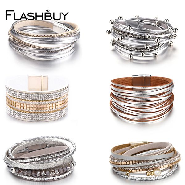 

flashbuy 6 style sliver alloy rhinestone leather bangle multiple layers leather bangles handmade female jewelry for women man, Black