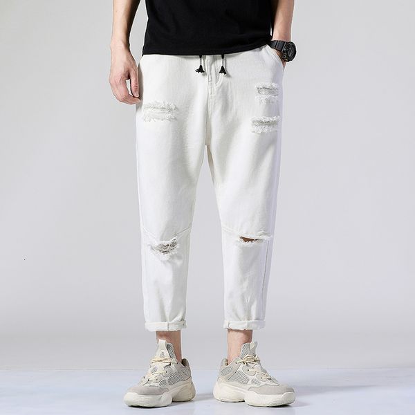 

#2654 summer 2019 pencil harem jeans men with holes loose streetwear hip hop jeans men black white denim elastic waist, Blue