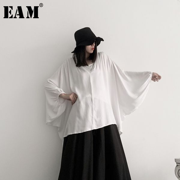 

eam] women white oversized short blouse new lapel long batwing sleeve loose fit shirt fashion tide spring autumn 2020 19a-a647