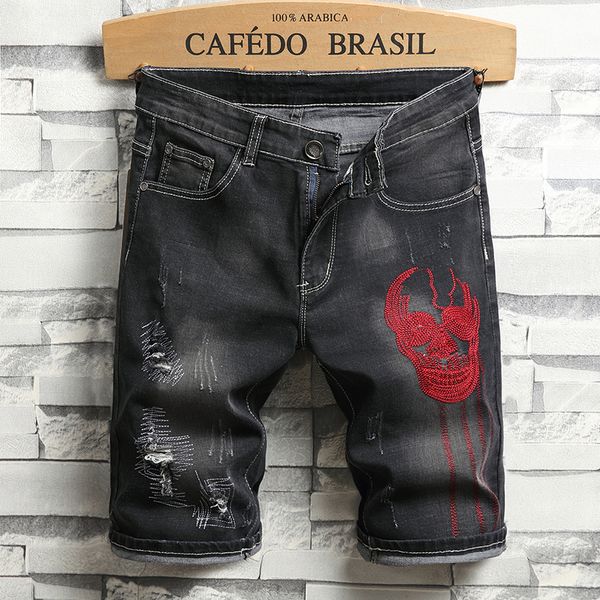 

men short denim pant ripped embroidery knees length middle waist causual fashional bleached distressed shorts straight, Blue