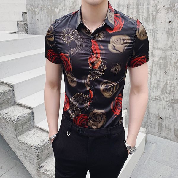

rose floral printing shirt men casual slim fit dress shirts short sleeve tuxedo shirts men summer streetwear camisa masculina, White;black