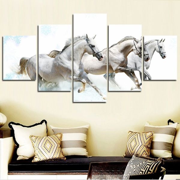 

modern canvas art modular hd poster 5 panel running white horse painting wall pictures for living room home decoration no frame