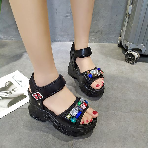 

new 2020 summer sandals 10cm wedge heels sneakers women beach flip flop high platform casual sandals breathable walking slippers, Black