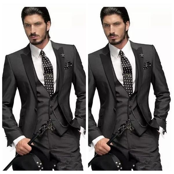 

handsome slim fitted men groom tuxedos 2020 blazers mens suit custom made groomsmen prom party wear (jacket+vest+pants, Black;gray