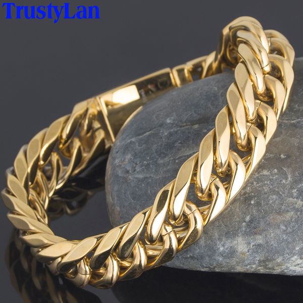 

trustylan luxury golden gold color chunky chain man bracelet miami cuban curb chain mens bracelets for men indian jewelry gifts, Golden;silver