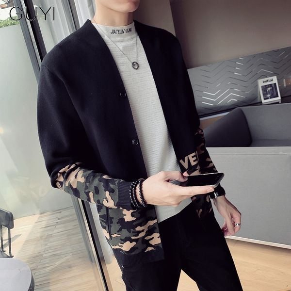 

guyi black camouflage patchwork sweater men grey pockets single breasted cardigan autumn korean style casual letter streetwear, White;black