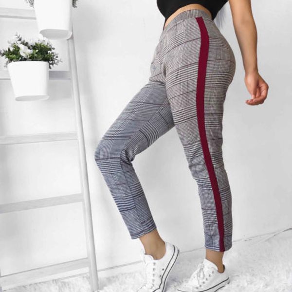 

женщины высокой талией stretch тощий карандаш брюки женские эластичный drawstring повседневная брюки plaid, Black;white