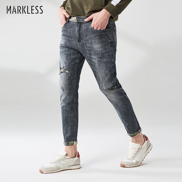 

markless fashion ripped jeans men 2019 spring slim skinny pencil jeans middle waist denim trousers nza9008m, Blue