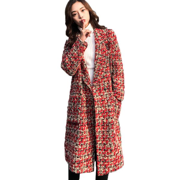 

autumn winter coat 2019 woolen overcoat women long plaid blend coat thick wool cashmere tweed jacket red outwear 768, Black