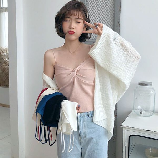

women strap camis bow tie v-neck knitted tank basic summer sleeveless strap camisole vest new, White