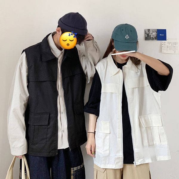 

japanese retro tooling vest 2019 new korean version of the trend of men's summer loose sleeveless jacket chinese style black, Black;white