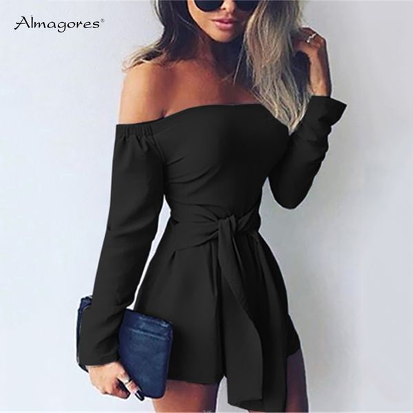 

2018 autumn playsuits rompers womens off shoulder slah neck casual bodysuit solid long sleeve gray apricot black playsuits, Black;white