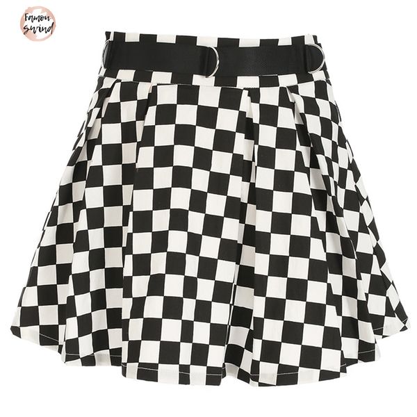 

black skirt fashion streetwear white plaid a line skirts women new casual high waist and mini saias falda