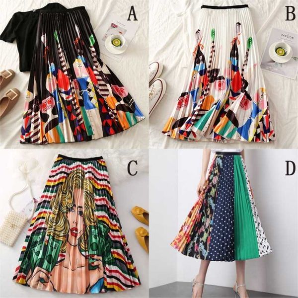 

plus size cartoon print white black pleated skirt elastic casual high waist skirt 2020 summer women long pleated
