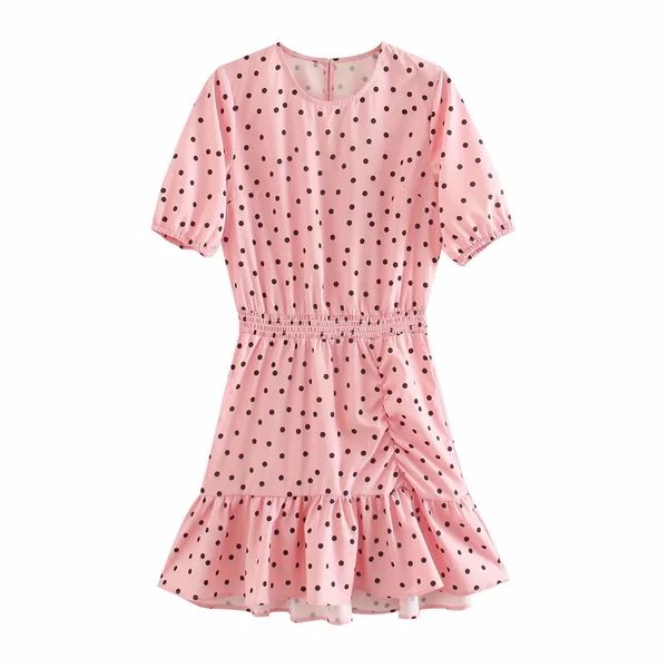 

casual dresses 2021 fashion woman dot printing pink mini dress ladies o neck short sleeve ruffle hem loose d5572, Black;gray