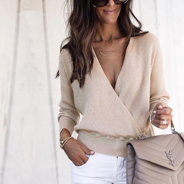 

Spring V Neck Solid Color Womens Sweaters Long Sleeve Panelled Business Fashion Womens Clothing