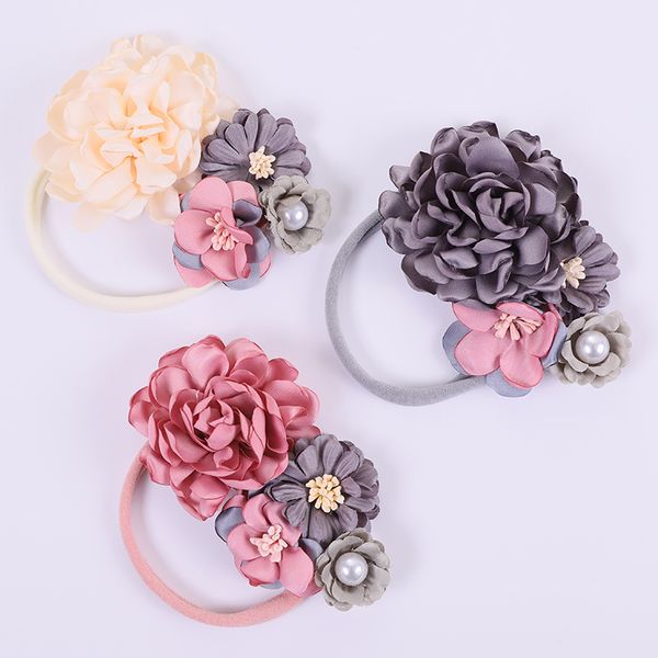 

6pcs/lot new fashion newborn baby girls silk flowers nylon headbands super soft stretchy nylon hairbands headwear for girls, Slivery;white